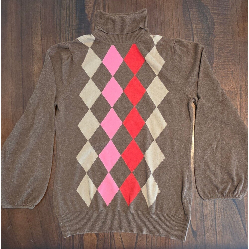Vintage Sonoma Life + Style Women’s XL Brown Argyle Turtleneck Sweater Y2K